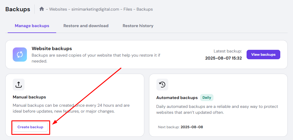 Create a backup on your hostinger dashboard