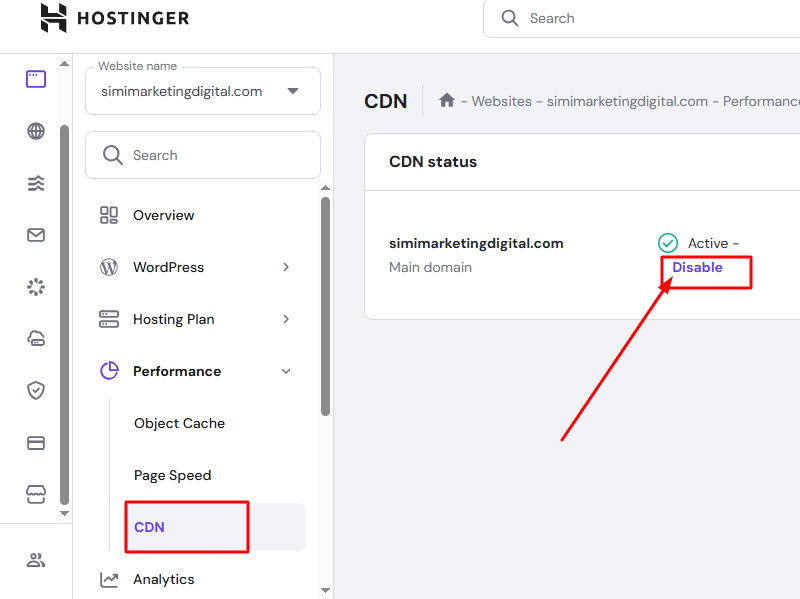 Disable CDN on Hostinger Business hosting plan